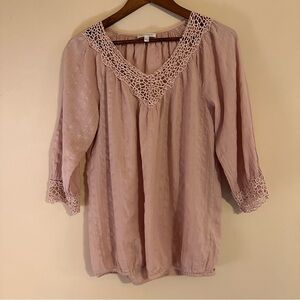 KappaAhi Blush Pink Blouse with Crochet Accents